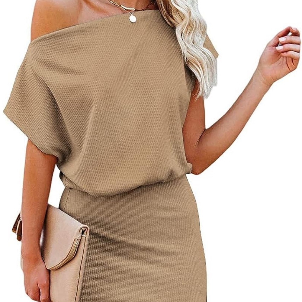 Off The Shoulder Short Sleeve Ribbed Bodycon Midi Dress